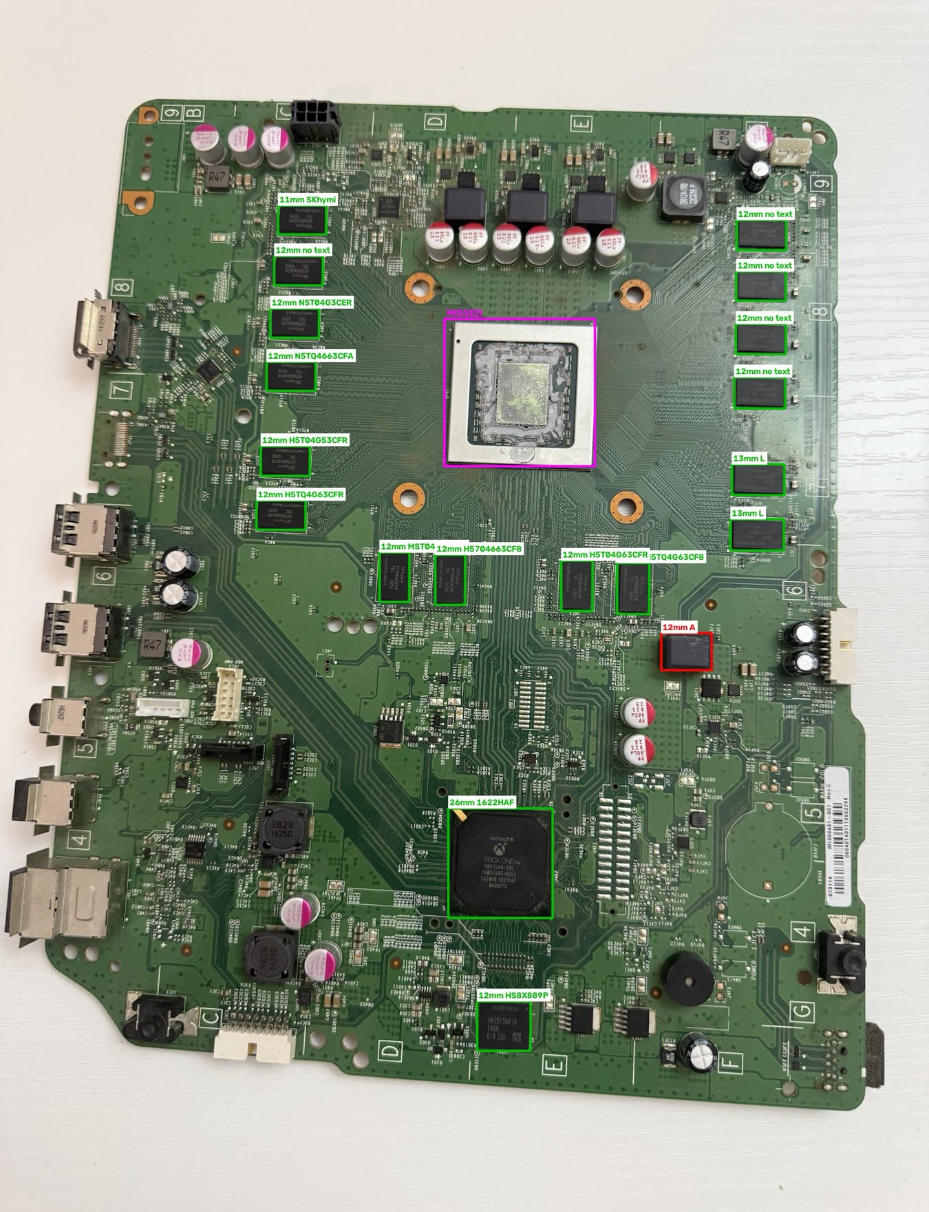 Detector output on an Xbox One motherboard, chips boxed and labelled.